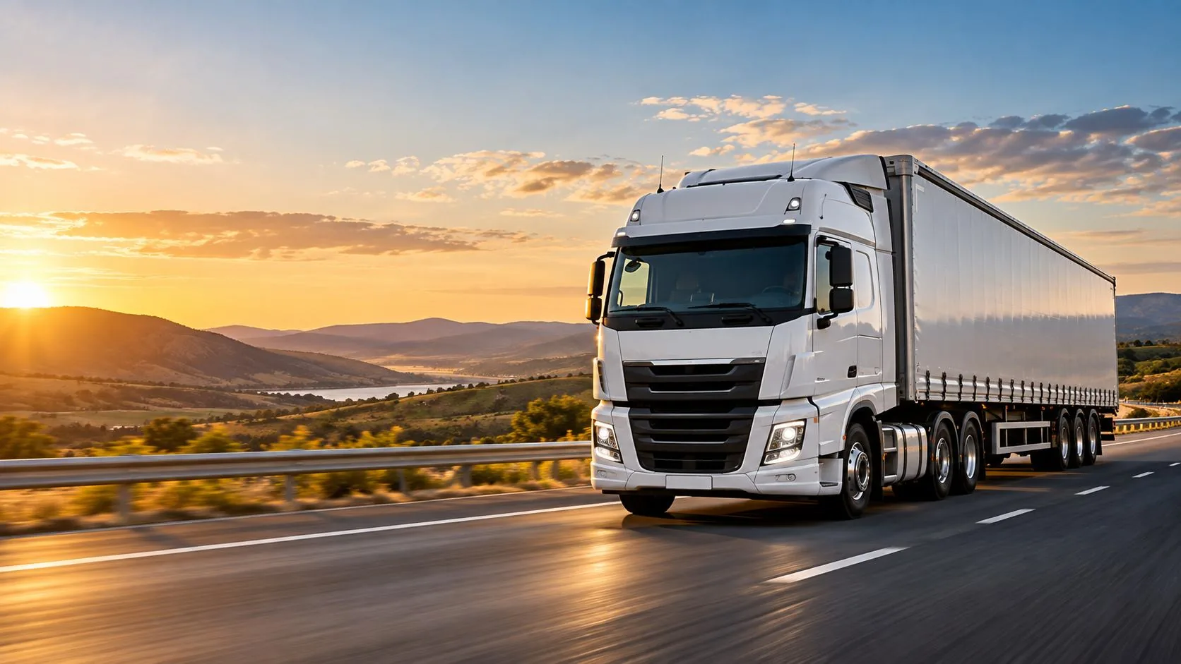 White semi-trailer truck on a highway at sunset