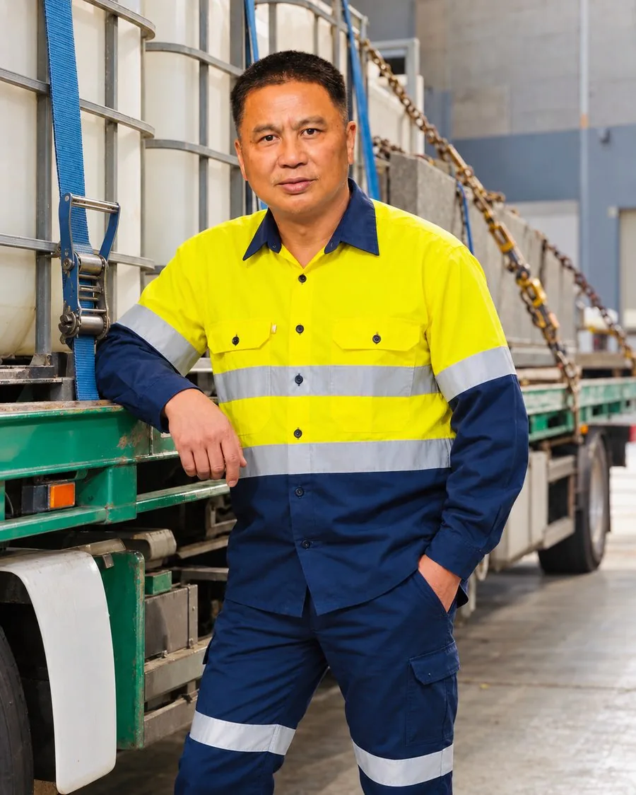 Tommy, head instructor, standing beside a training truck