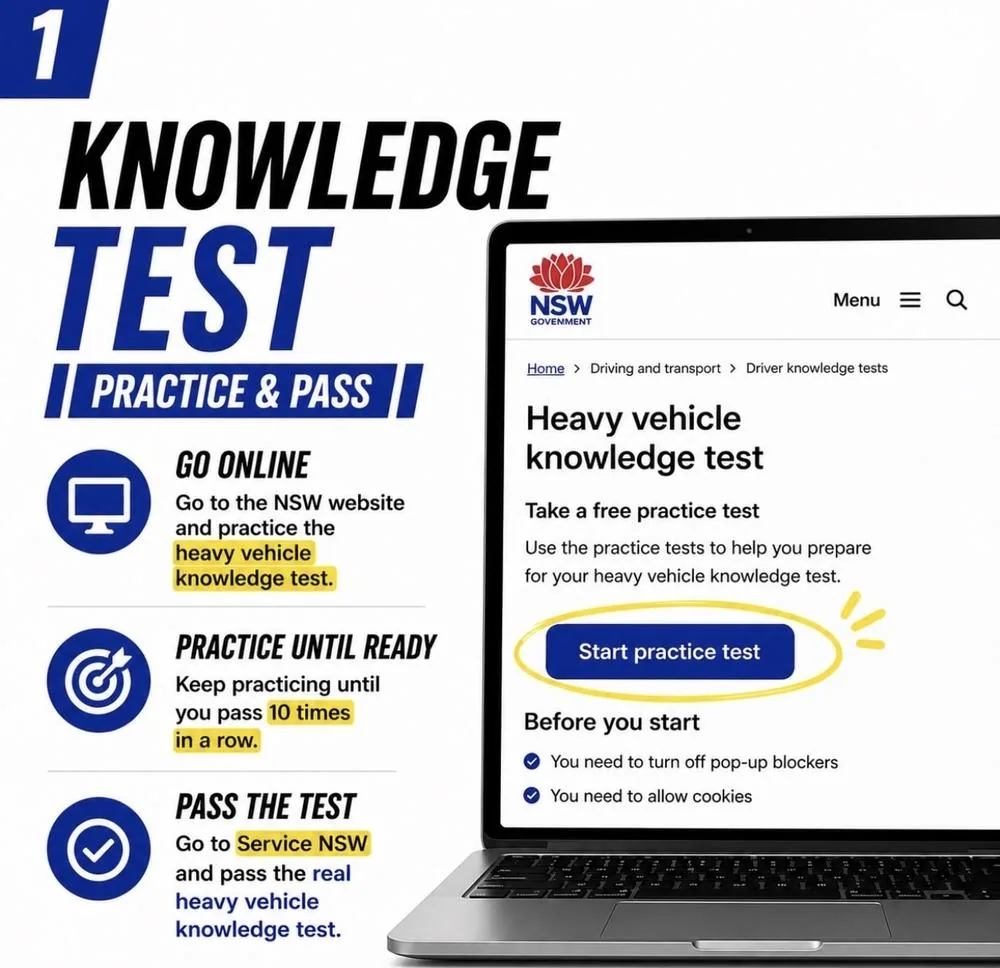Step 1: practise and pass the heavy vehicle knowledge test